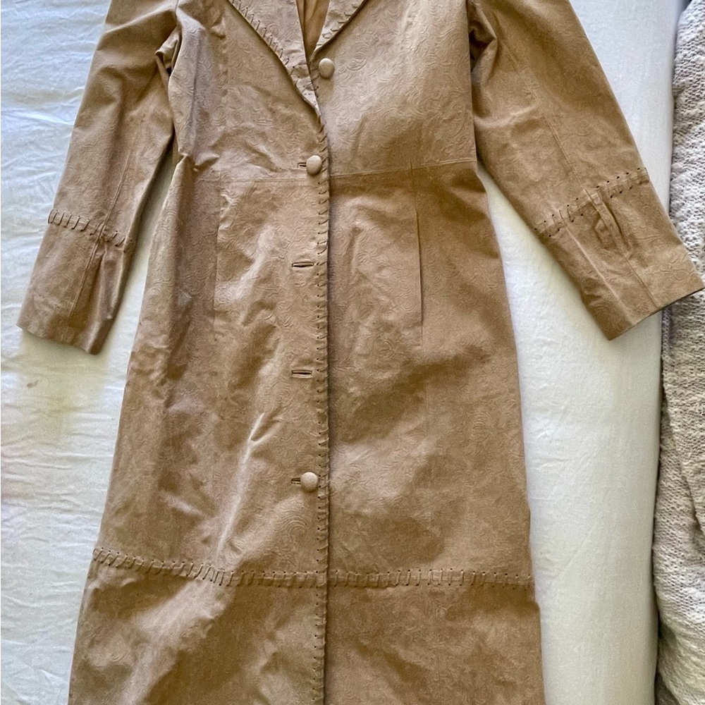 Stylish Roper Suede Leather Tan Long Coat with beautiful detailing and lined.